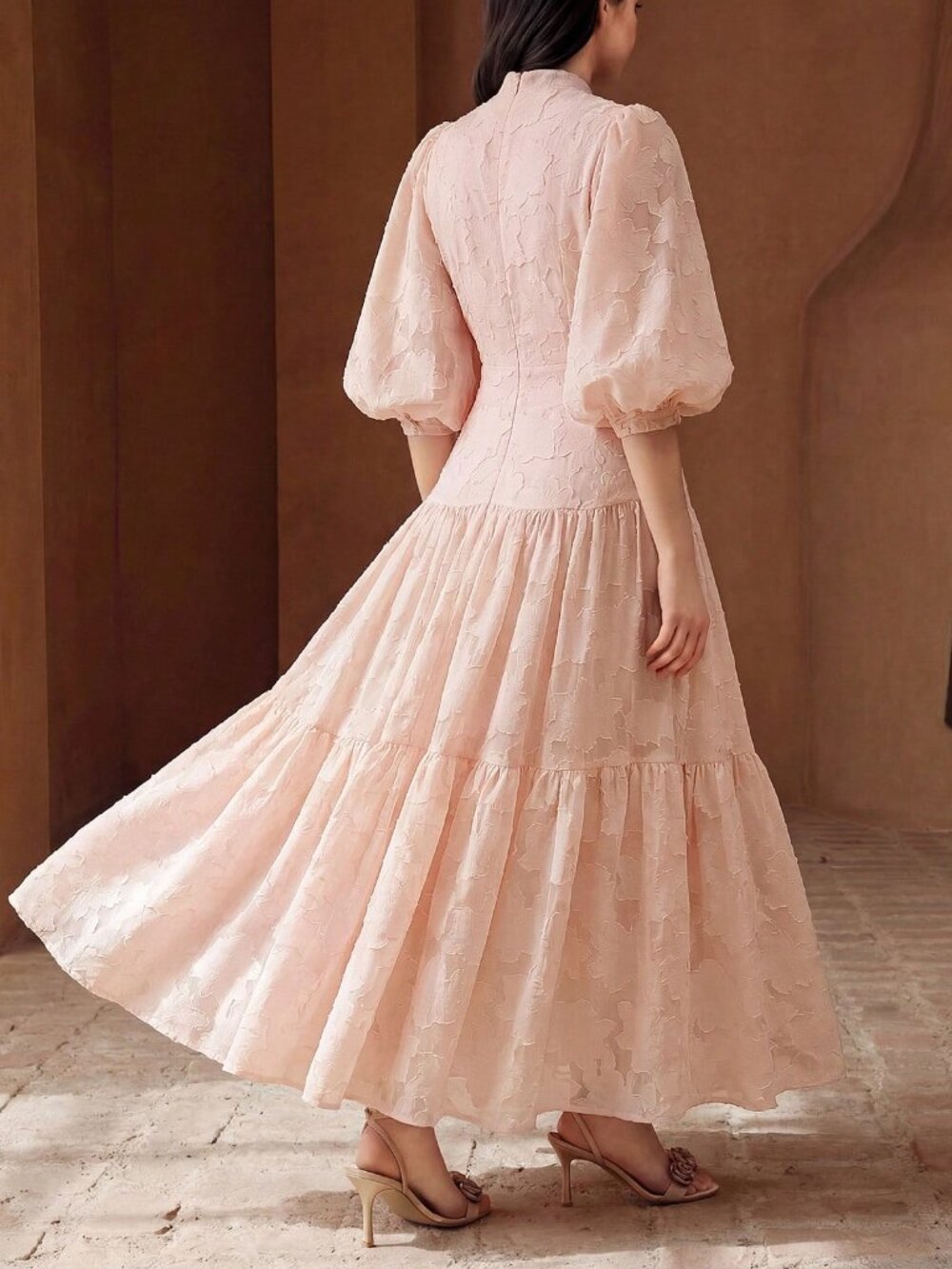 Pink Elegant Women's V-Neck Lantern Sleeve Textured Ditsy Floral Dress - Picture 2 of 7